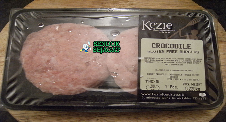 Bahan resep crocodile burger: daging buaya giling, bawang bombay, bawang putih, kecap asin, madu, jahe segar, telur, tepung roti, alpukat, selada, dan tomat