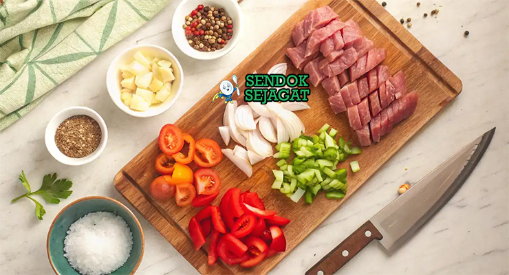 Bahan segar resep discada Meksiko: daging sapi potong tipis, chorizo, bacon, sosis, ayam dadu, paprika merah, paprika hijau, bawang bombay, tomat, cabai jalapeño, jinten, oregano di atas meja dapur kayu