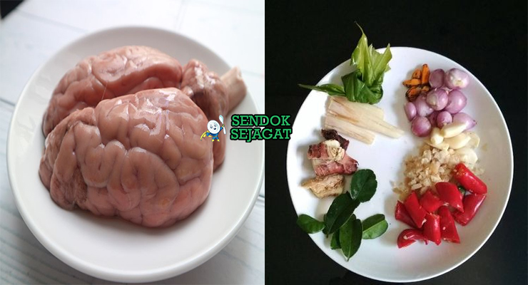 Gambar bahan resep gulai otak termasuk otak sapi, santan, dan rempah-rempah siap diolah