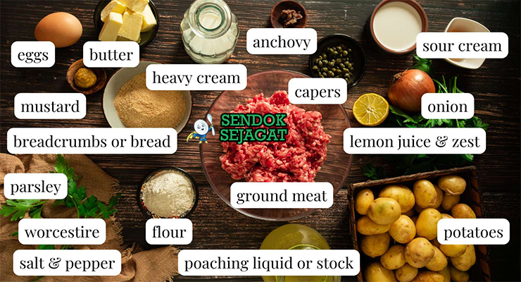 Bahan resep Königsberger Klopse: daging sapi giling, daging babi giling, roti tawar, telur, teri, kapari, bawang bombay, krim masak, lemon, dan rempah-rempah