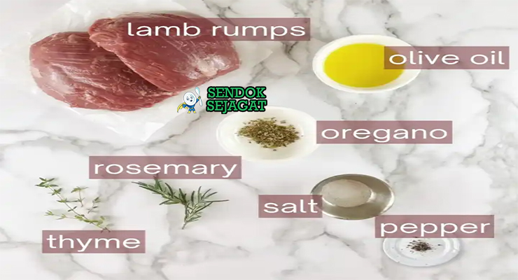 Bahan-bahan resep lamb rump termasuk potongan daging domba, rosemary, thyme, bawang putih, dan minyak zaitun siap dimasak
