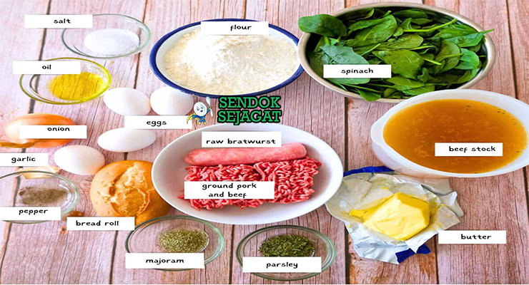 Bahan resep Maultaschen Swabia: tepung terigu, telur, daging sapi giling, sosis bratwurst, bayam segar, bawang bombay, peterseli, roti tawar, dan rempah-rempah