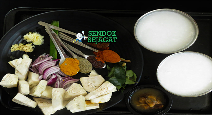 Bahan-bahan resep Polos Curry termasuk nangka muda, santan, bawang bombay, jahe bawang putih, cabai, rempah utuh, dan daun kari siap dimasak