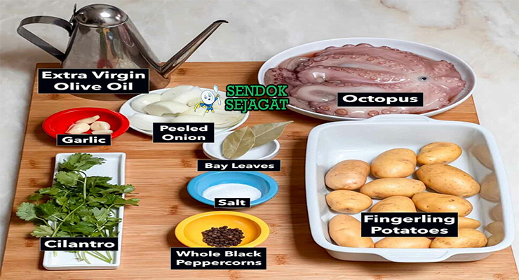 Bahan segar resep Polvo à Lagareiro: gurita segar utuh atau potong, kentang kecil, bawang putih banyak, minyak zaitun extra virgin, daun salam, peterseli segar di atas meja dapur kayu