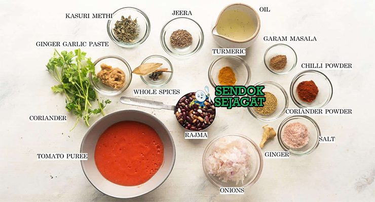 Bahan resep rajma chawal India: kacang merah kering, bawang bombay, tomat, bawang putih, jahe, jintan, kapulaga, kayu manis, kunyit, cabai bubuk, garam masala, dan beras basmati