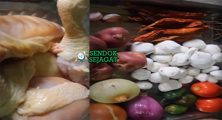 Bahan-bahan segar resep Sajta de Pollo: ayam potong, ají amarillo segar atau pasta, bawang bombay, tomat, bawang putih, kacang polong, kentang, dan rempah jinten