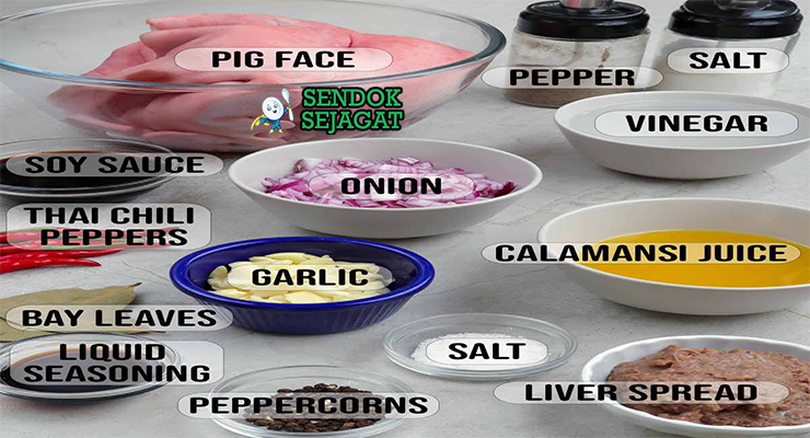 Bahan segar resep sizzling pork sisig: potongan kepala babi rebus, hati sapi, bawang bombay, bawang putih, cabai rawit, cabai hijau, kecap asin, cuka, mayones di atas talenan dapur