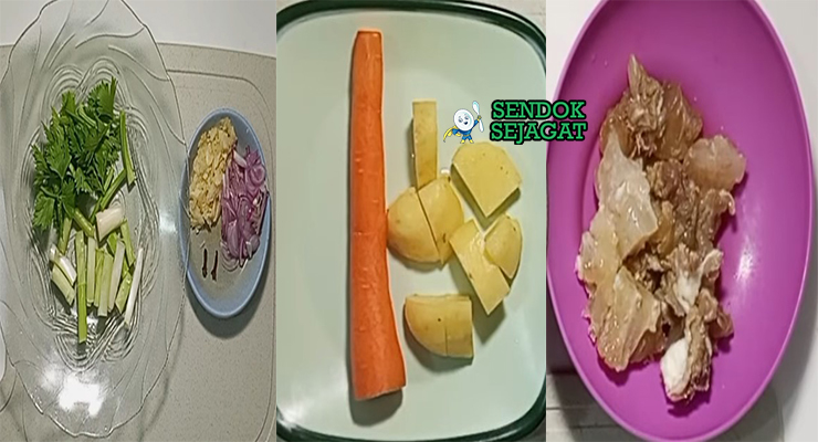 Bahan-bahan segar untuk sop urat termasuk urat sapi, wortel, kentang, bawang merah putih, rempah serai daun salam, dan jeruk nipis siap dimasak
