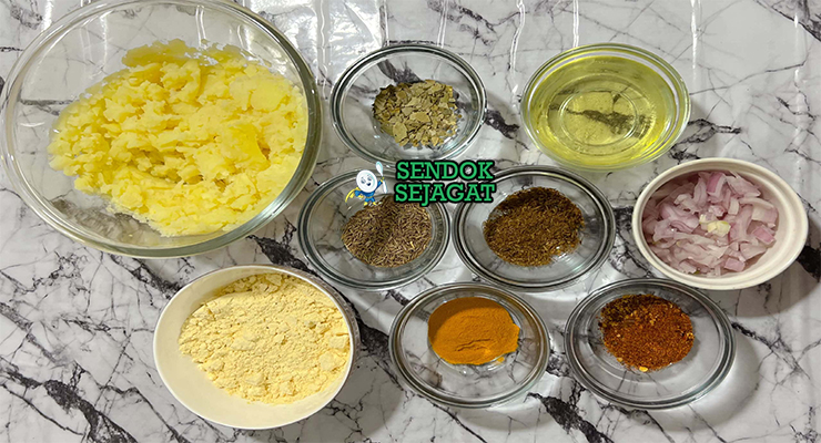 Bahan-bahan lengkap untuk membuat resep vada pav autentik di rumah, termasuk kentang, rempah, dan tepung gram