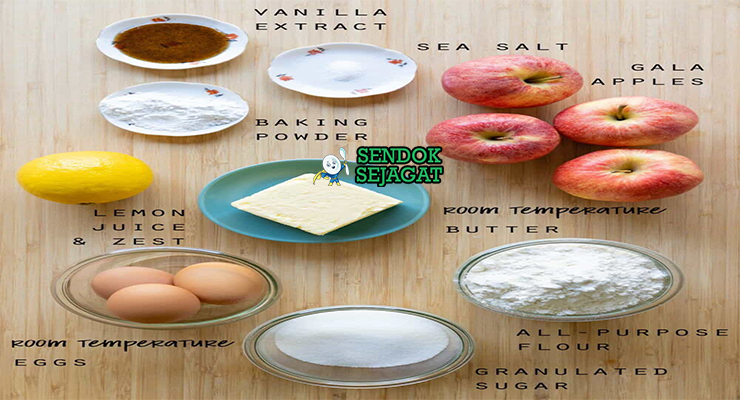 Bahan-bahan resep Apfelkuchen termasuk apel segar, mentega, telur, tepung, gula, dan kayu manis siap dimasak