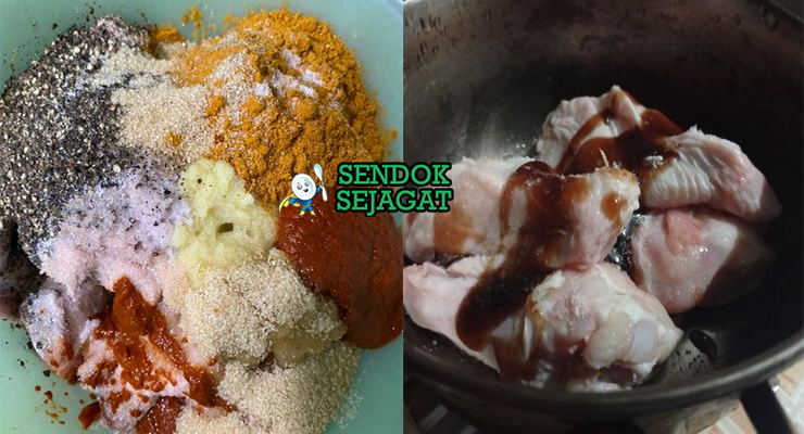 Bahan resep nasi katok Brunei: potongan ayam dengan kulit, nasi putih, telur, cabai merah, bawang merah, bawang putih, tomat, gula merah, kecap asin, kecap manis, dan rempah-rempah