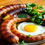 Alheira khas Portugal siap saji: sosis goreng kecokelatan renyah di piring, potong memperlihatkan isian roti dan daging lembut, disajikan dengan telur mata sapi, kentang goreng, dan salad hijau, terlihat gurih menggoda