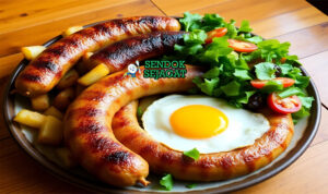 Alheira khas Portugal siap saji: sosis goreng kecokelatan renyah di piring, potong memperlihatkan isian roti dan daging lembut, disajikan dengan telur mata sapi, kentang goreng, dan salad hijau, terlihat gurih menggoda