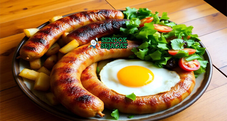 Alheira khas Portugal siap saji: sosis goreng kecokelatan renyah di piring, potong memperlihatkan isian roti dan daging lembut, disajikan dengan telur mata sapi, kentang goreng, dan salad hijau, terlihat gurih menggoda