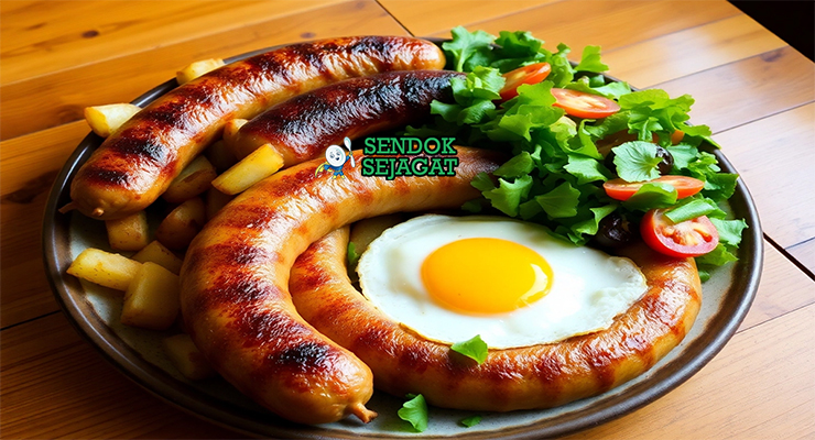 Alheira khas Portugal siap saji: sosis goreng kecokelatan renyah di piring, potong memperlihatkan isian roti dan daging lembut, disajikan dengan telur mata sapi, kentang goreng, dan salad hijau, terlihat gurih menggoda