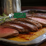 Potongan emu fillet khas Australia medium-rare berwarna merah muda juicy, disiram saus bush tomato merah gelap, disajikan dengan kentang panggang dan sayur hijau segar