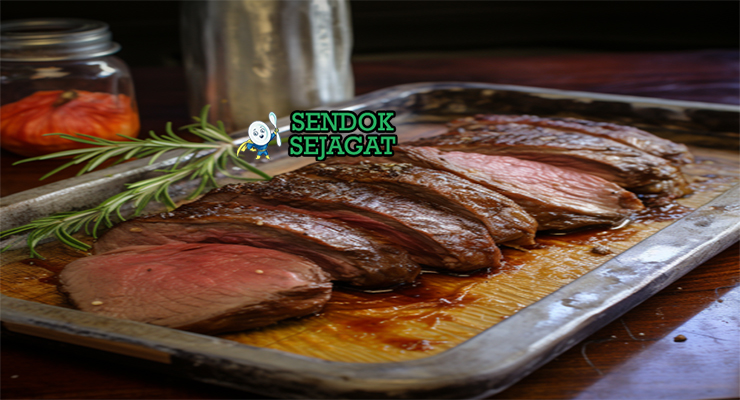 Potongan emu fillet khas Australia medium-rare berwarna merah muda juicy, disiram saus bush tomato merah gelap, disajikan dengan kentang panggang dan sayur hijau segar