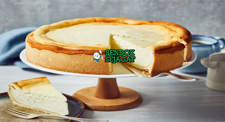 Potongan Käsekuchen khas Jerman bertekstur lembut creamy, permukaan kecokelatan halus, dasar biskuit renyah, disajikan di piring dengan garpu dan sedikit gula bubuk