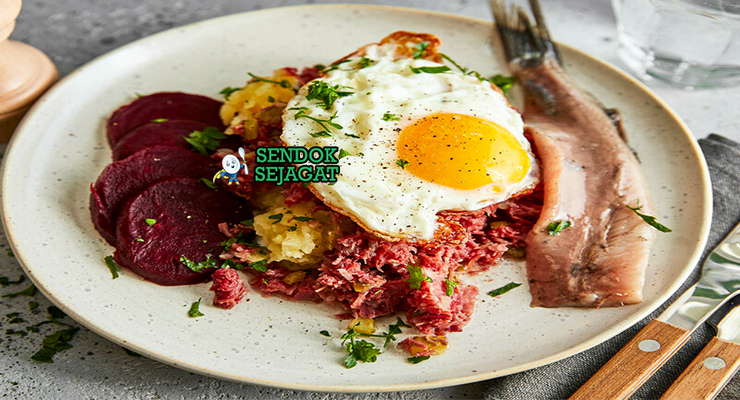 Labskaus khas Jerman utara siap saji: pure kentang lembut kental berwarna krem, daging kornet empuk, bit merah potong dadu, telur mata sapi kuning lumer di atasnya, herring rollmops acar di samping, terlihat gurih hangat menggoda