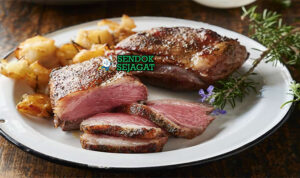 Irisan lamb rump Australia medium-rare dengan crust renyah, lemak meleleh, tampak juicy dan menggugah selera