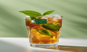Lemon myrtle iced tea khas Australia siap saji: gelas tinggi berisi teh dingin kuning jernih, es batu mengapung, irisan lemon segar, daun mint, warna cerah segar dengan embun di gelas, terlihat menyegarkan dan menggoda