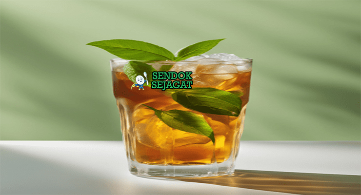 Lemon myrtle iced tea khas Australia siap saji: gelas tinggi berisi teh dingin kuning jernih, es batu mengapung, irisan lemon segar, daun mint, warna cerah segar dengan embun di gelas, terlihat menyegarkan dan menggoda