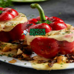 Rocoto relleno khas Peru siap saji: cabai rocoto merah besar empuk, diisi daging cincang gurih, keju mozzarella leleh mengalir, tomat, zaitun, dan kismis, terlihat pedas menggoda dengan uap hangat