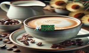 Wattleseed latte khas Australia siap saji: cangkir kopi dengan foam susu tebal creamy, taburan bubuk wattleseed roasted, aroma earthy nutty tercium, disajikan hangat dengan sendok kecil, terlihat cozy dan menggoda