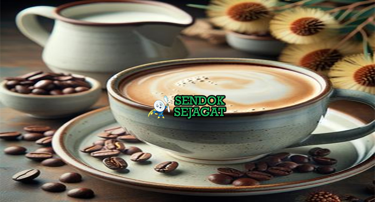 Wattleseed latte khas Australia siap saji: cangkir kopi dengan foam susu tebal creamy, taburan bubuk wattleseed roasted, aroma earthy nutty tercium, disajikan hangat dengan sendok kecil, terlihat cozy dan menggoda