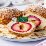 Zwetschgenknödel khas Austria berbentuk lonjong kecokelatan renyah, di atas piring dengan mentega cokelat harum, taburan gula kayu manis dan gula bubuk, potongan plum terlihat di dalam