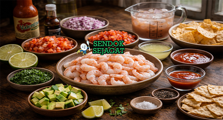 Bahan-bahan resep Coctel de Camarón termasuk camarón segar, tomat, bawang merah, cilantro, saus tomat, jeruk nipis, dan alpukat siap diracik
