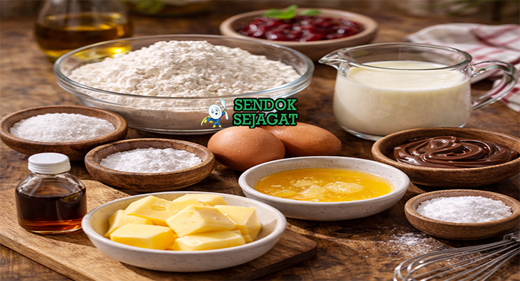 Bahan-bahan resep Æbleskiver termasuk tepung terigu, buttermilk, telur, mentega, baking powder, gula, dan selai raspberry siap dipanggang