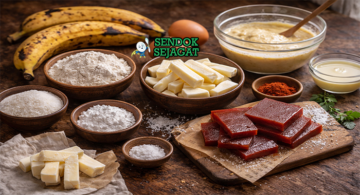 Bahan-bahan resep Aborrajados termasuk pisang matang, keju mozzarella, tepung, telur, gula, dan susu siap digoreng