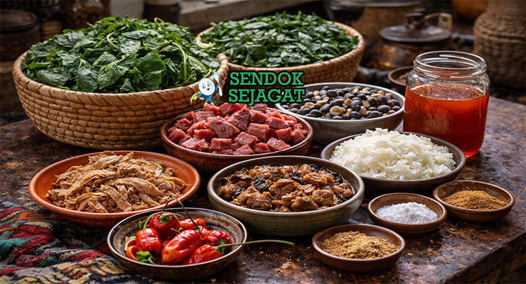 Koleksi bahan resep Afang Soup termasuk daun afang segar, daun air, daging sapi, periwinkle, minyak sawit, bawang bombay, cabai, dan crayfish siap dimasak ala Nigeria