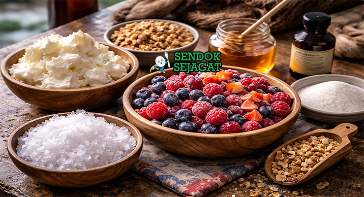 Koleksi bahan resep Akutaq termasuk shortening atau lemak, campuran berry, gula, madu, vanila, dan kacang siap dikocok menjadi dessert dingin Alaska