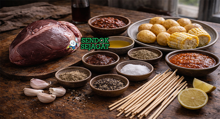Bahan-bahan resep Anticuchos de Corazón termasuk jantung sapi, aji panca, cuka, bawang putih, jinten, oregano, dan minyak zaitun siap ditusuk