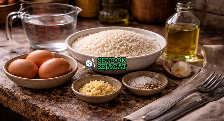 Koleksi bahan resep Arroz con Huevo Frito termasuk beras putih, telur fresh, minyak, garam, dan bawang putih siap dimasak ala Kuba