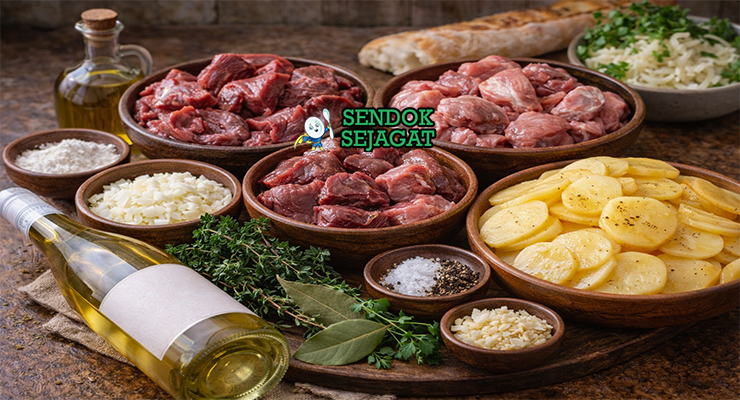 Bahan-bahan resep Baeckeoffe termasuk daging domba sapi babi, kentang iris, bawang bombay, anggur putih Riesling, rempah, dan minyak zaitun siap dipanggang