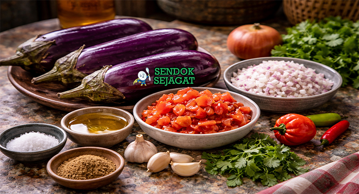Koleksi bahan resep Baigan Choka termasuk terong ungu besar, bawang putih, tomat segar, cabai scotch bonnet, bawang bombay, minyak, dan cilantro siap dipanggang dan diaduk