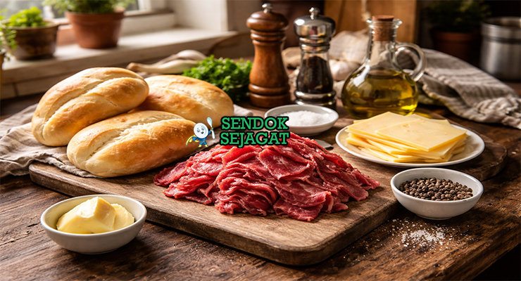 Koleksi bahan resep Barros Luco termasuk daging sirloin tipis, keju Havarti, roti marraqueta, garam, merica, dan mentega siap diolah di dapur