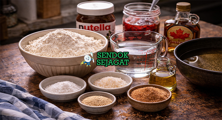 Koleksi bahan resep BeaverTails termasuk tepung terigu, ragi, gula, garam, minyak goreng, kayu manis, dan Nutella siap digoreng ala Kanada
