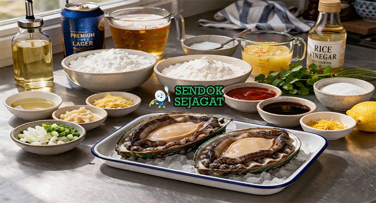 Koleksi bahan resep Beer Battered Abalone termasuk abalone hitam bibir fresh, bir lager dingin, tepung maizena, tepung self-raising, jahe, bawang putih, dan bahan saus sweet sour siap diolah