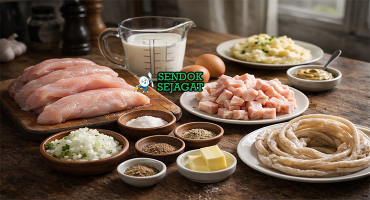 Bahan-bahan resep Boudin Blanc termasuk daging ayam, lemak babi, susu, telur, bawang bombay, pala, dan casing sosis siap diisi