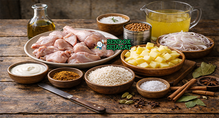 Bahan-bahan resep Breyani termasuk ayam potong, beras basmati, kentang, lentil, bawang bombay, yogurt, rempah Cape Malay, dan minyak siap dimasak