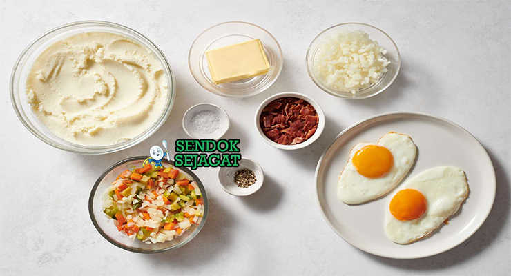 Bahan-bahan resep Bubble and Squeak termasuk sisa kentang, kol, bawang bombay, sosis, dan rempah siap ditumis