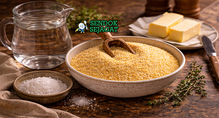 Bahan resep mieliepap: tepung jagung kasar, air, garam, dan mentega siap dimasak di dapur Sendok Sejagat