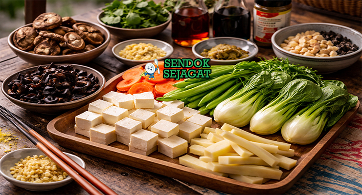 Koleksi bahan resep Buddha's Delight termasuk terong, jamur shiitake, jamur kuping, wortel, snow peas, bok choy, tahu, bawang putih, jahe, dan saus tiram vegetarian siap ditumis