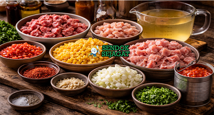 Koleksi bahan resep Burgoo termasuk daging sapi cincang, daging babi, kentang, jagung manis, wortel, tomat, bawang bombay, bawang putih, dan saus Worcestershire siap dimasak lambat
