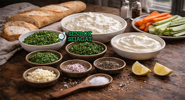 Bahan-bahan resep Cervelle de Canut termasuk fromage blanc, crème fraîche, chives, parsley, tarragon, bawang putih, dan bawang merah siap diaduk