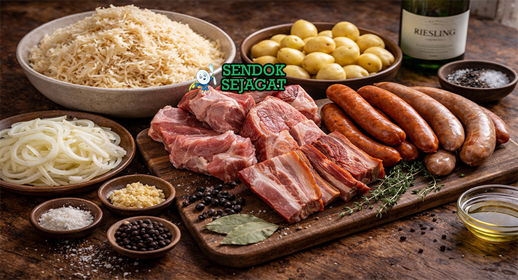 Bahan-bahan resep Choucroute Garnie termasuk sauerkraut, daging babi, sosis campur, anggur putih, wortel kentang, dan rempah siap dipanggang